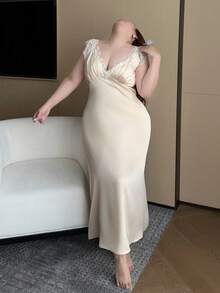 Dazy Plus 大码女士优雅性感撞色蕾丝V领无袖长款睡裙，春夏款 - 杏色 - 查看 7