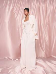 KIZN 女士低腰阔腿修身西装裤 米色阔腿裤 正式办公裤 飘逸商务职业裤装 - 黃色 - 查看 1