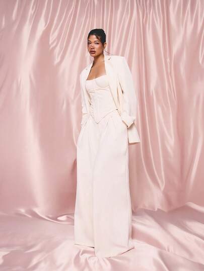 KIZN Women's Low Rise Wide Leg Tailored Suit Pants Cream Palazzo Formal Office Trousers Flowy Business Professional Bottoms