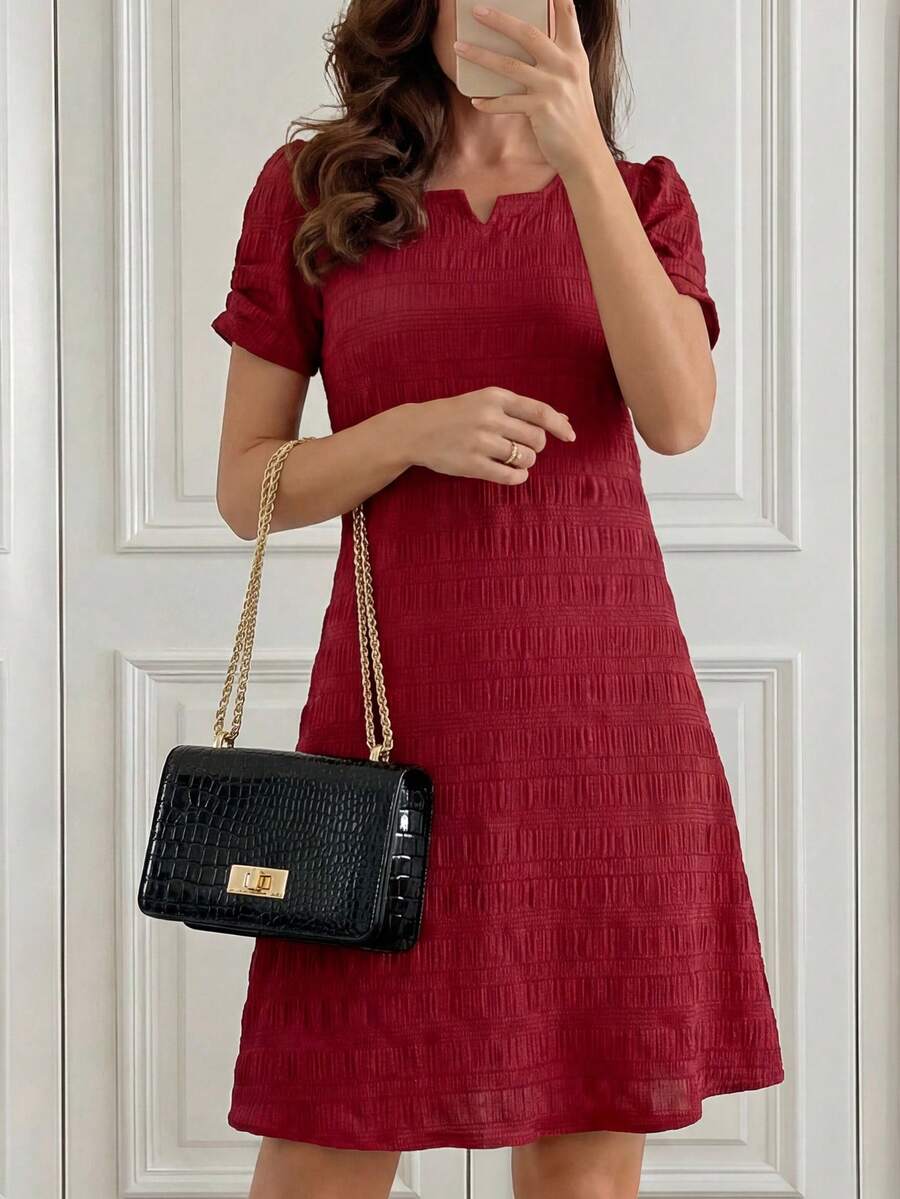 Miaspire Women's Summer Dress With Notched V-Neck And Short Sleeves - Burgundy - View 1