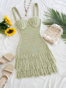Soleia Đầm ngắn ôm sát dáng vỏ sò, viền tua rua, dây mảnh, phong cách Bohemian, Boho, thích hợp cho kỳ nghỉ, mùa xuân/hè, ngày Valentine, hẹn hò. - Nhiều màu - Xem 3