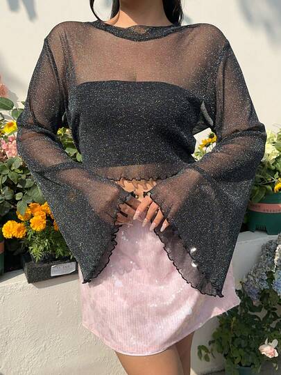 Solflare Plus Size Women Casual Round Neck Bell Sleeve Blouse, Versatile For Daily Wear