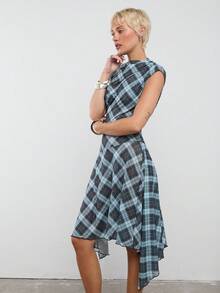COUREZ 透视格纹不对称中长连衣裙/Y2K风格春季女装，可爱性感连衣裙，适合外出派对、锐舞节等场合，夏季连衣裙，夏季叠穿连衣裙 - 彩色 - 查看 5
