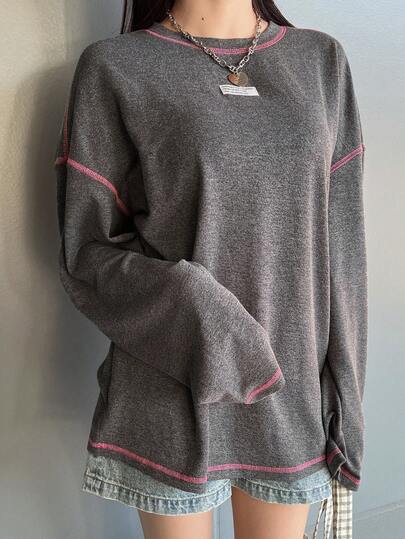 FRIFUL Women's Loose Fit Round Neck Long Sleeve Contrast Stitching Chest Logo Decor Casual T-Shirt For Summer