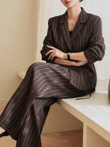 Dazy-Less Women's Striped Print Belted Long Sleeve Blazer And Pants Suit Set Business Casual Woman - Brown - View 8