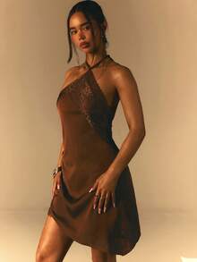 Athîral Women's Casual Brown Satin Contrast Lace Halter Mini Dress, Relaxed Holiday Style, Asymmetric Hem - Brown - View 6
