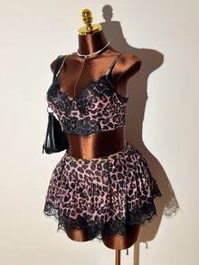 Bare Chapter 3pcs Women's Sexy Lace Patchwork Leopard Print Contrast Color Lingerie Set - Multicolor - View 10