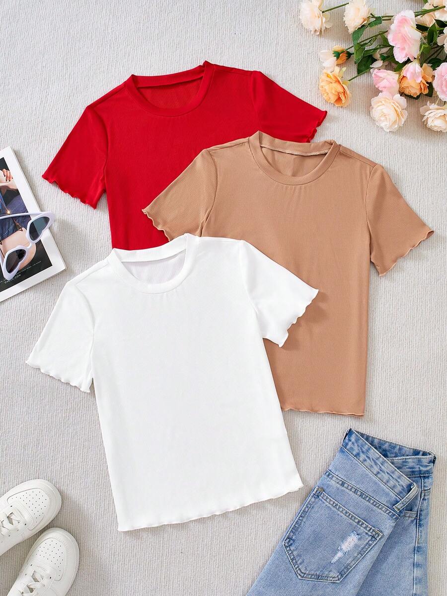 SHEIN Genkimix Kids 少女纯色短袖T恤 - 彩色 - 查看 1