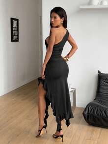 Coolane Women's Spring/Summer Party Streetwear Casual Chic Vacation Outfits Date Night Stretchy Bustier Asymmetrical Neck Off Shoulder Ruffle Dress For Elegant - Black - View 2