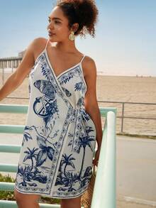 Travachic 大码热带印花系带吊带连衣裙，休闲度假风 - 藍白色 - 查看 5