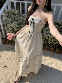 FRIFUL Women's Spaghetti Strap Lace Patchwork Bow Tie Front A-Line Dress, Vacation Style Maxi Dress - White - View 5