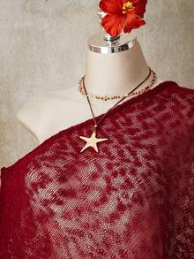 SHEIN ICON 大码女式春夏复古性感优雅通勤休闲日常波西米亚风千禧风Y2K音乐节流苏装饰红色针织罩衫 - 紅色 - 查看 6