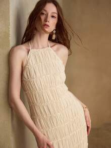 MOTF PREMIUM 欧美性感时尚吊带系带度假风连衣裙，春夏款 - 米色 - 查看 7