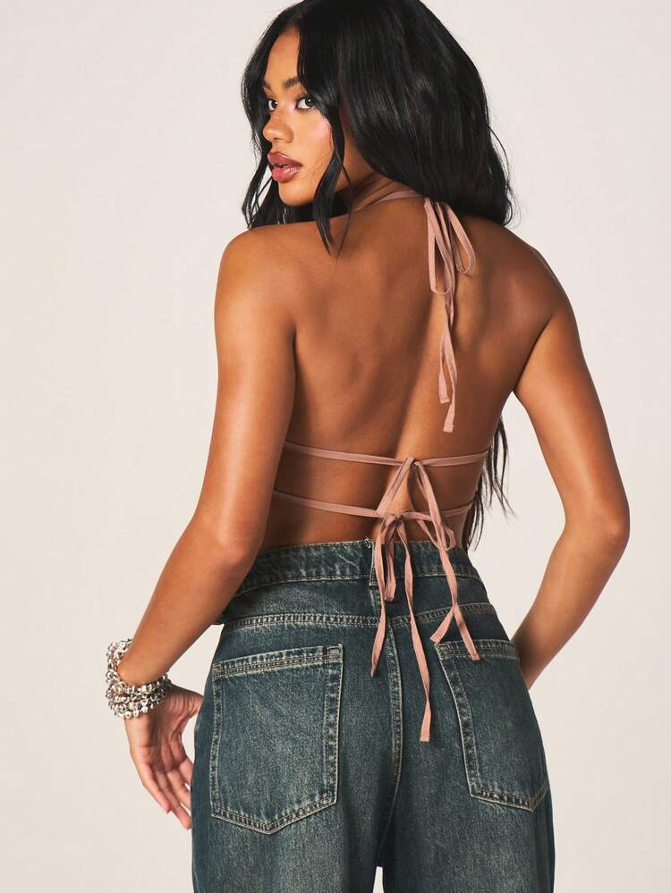MISSGUIDED Sequined Halter Neck Crop Top With Floral Embellishment Plunging Neckline Backless Design For Party Occasions Evening Wear Women