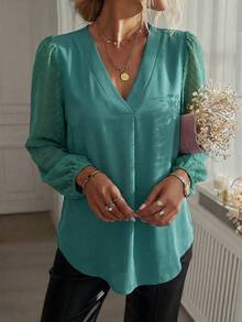 Franclia Áo sơ mi nữ dài tay cổ chữ V màu trơn, thanh lịch, thích hợp cho công sở. - màu xanh lá - Xem 3