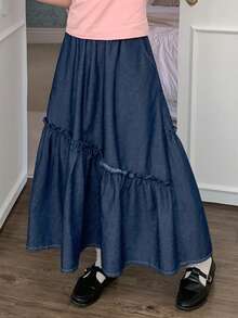 Dazy Kids 少女水洗牛仔休闲迷你裙，春夏款 - 藍色 - 查看 1