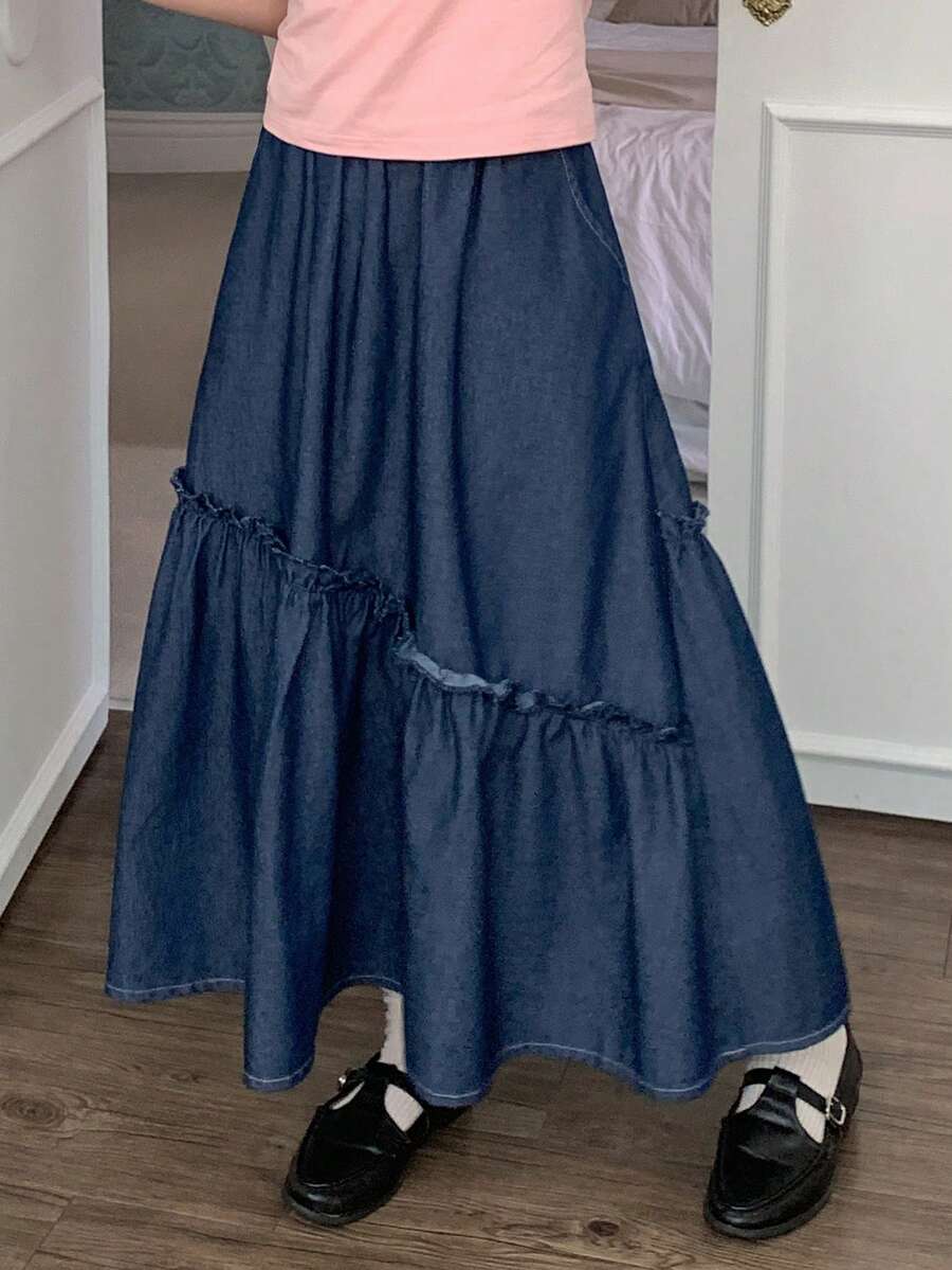 Dazy Kids 少女水洗牛仔休闲迷你裙，春夏款 - 藍色 - 查看 1