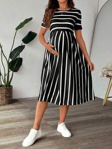 SHEIN Robe de maternité rayée à col rond, décontractée, pour tous les jours et les fêtes - Noir - Voir 5