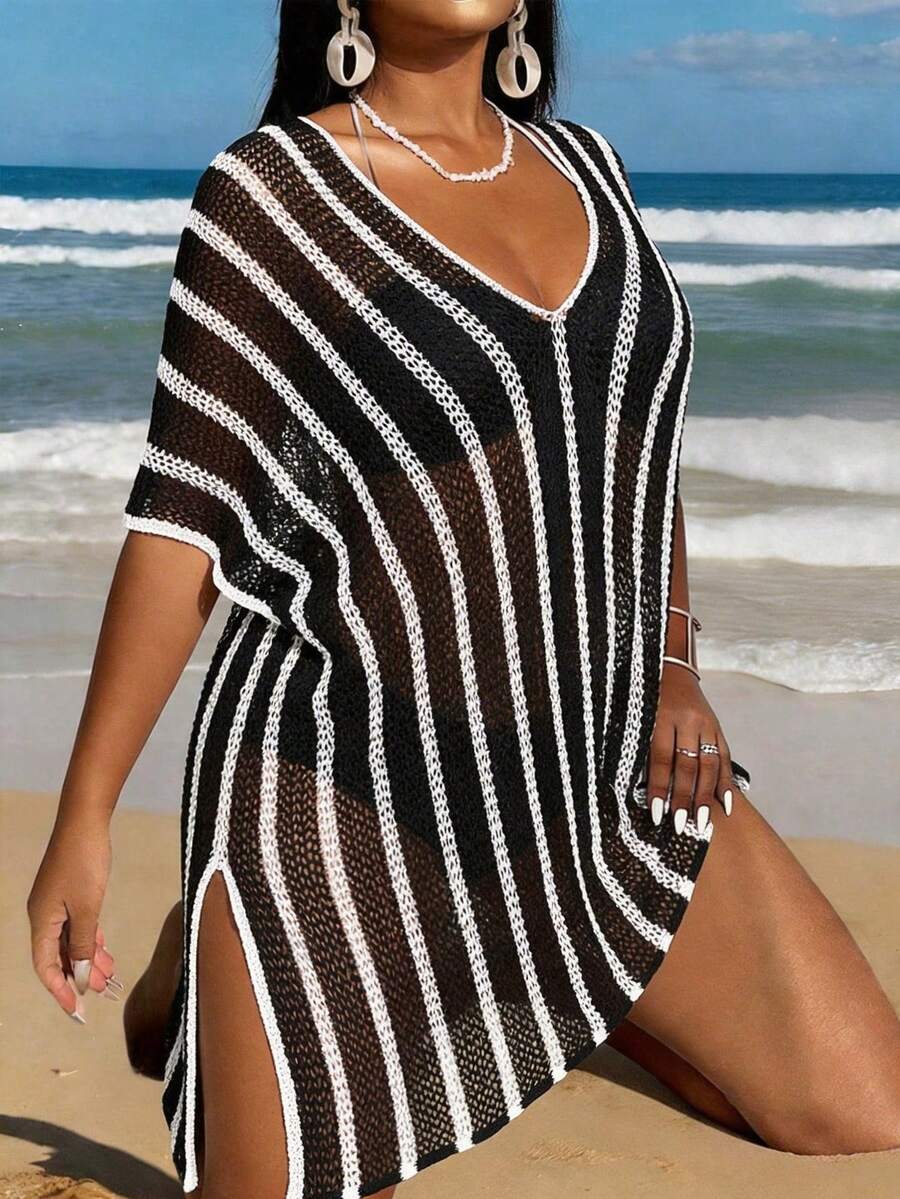 SHEIN Swim Curve Plus Size Women's Patchwork V-Neck Striped Split Shoulder Knitted Mid-Long Casual Loose Beachwear Cover Up, Suitable For Summer Beach - Black and White - View 1