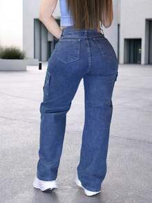 Jeans With High Waist Side Pockets Straight Cut - Blue Sweep - View 3