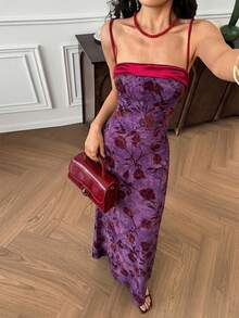 EastFlair Đầm nữ in hoa, dáng ôm, đuôi cá, dây mảnh, thanh lịch. - Màu đỏ tím - Xem 6