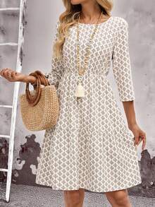 Rusticease Plus Size Casual Allover Print Cinched Waist Dress For Women,Beige Autumn Boho Vacation Holiday Country Style Spring Summer Clothes & Outfits - Multicolor - View 3