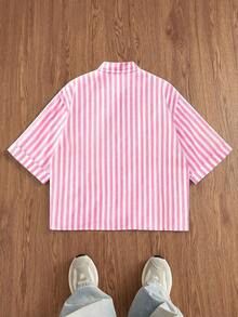 SWAVVY Men's Letter Embroidery Striped Short Sleeve Shirt, Spring/Summer - Pink - View 4