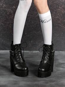 Sugerpunk Giày bốt cổ ngắn gót chunky phong cách punk màu tối mũi tròn mới năm 2025, đế dày kiểu Anh, buộc dây phía trước, kiểu bốt mô tô, giày bốt thời trang cho mùa thu/đông. - màu đen - Xem 3