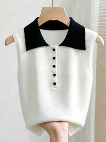 Franclia Women's Contrast Color Polo Collar Sleeveless Casual Knit Top White And Black Top White Vest For Women Summer Tops Women Knit Tops Preppy Tops White Cute Top Sweater Vest For Women Peter Pan Collar Sleeveless Sweater Black And White Top Black And White Tops Women Peter Pan Collar Blouse Pullover Vest Collar Top Pull Over Vest Vest For Ladies Outer Wear For Sleeveless Dress Sleeveless Polo Top White Sweater Vest Heart Button Sweater Knitted Top Sleeveless Crop Top - Apricot - View 1