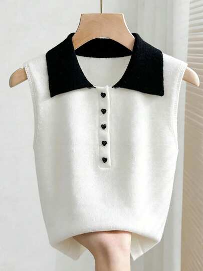 Franclia Women's Contrast Color Polo Collar Sleeveless Casual Knit Top White And Black Top White Vest For Women Summer Tops Women Knit Tops Preppy Tops White Cute Top Sweater Vest For Women Peter Pan Collar