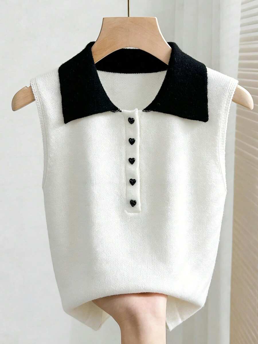 Franclia Women's Contrast Color Polo Collar Sleeveless Casual Knit Top White And Black Top White Vest For Women Summer Tops Women Knit Tops Preppy Tops White Cute Top Sweater Vest For Women Peter Pan Collar Sleeveless Sweater Black And White Top Black And White Tops Women Peter Pan Collar Blouse Pullover Vest Collar Top Pull Over Vest Vest For Ladies Outer Wear For Sleeveless Dress Sleeveless Polo Top White Sweater Vest Heart Button Sweater Knitted Top Sleeveless Crop Top - Apricot - View 1