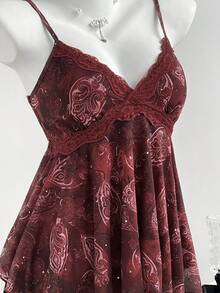 Elamini Vintage Perris Floral Sequin Asymmetric Hem Camisole Patchwork Lace Trim Women Tank Top, Spring/Summer - Red - View 6