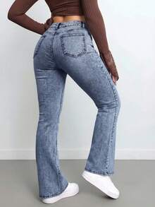 SHEIN Tall Quần jeans nữ dáng ôm vừa vặn, co giãn, ống loe, thích hợp cho nữ cao, thích hợp mặc vào đêm giao thừa và Giáng sinh. - Rửa nhẹ - Xem 2