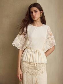 MOTF PREMIUM FASHIONABLE EXQUISITE DESIGN EMBROIDERED LACE BATWING SLEEVE ROUND NECK SHORT SLEEVE WOMEN TOP T-SHIRT - Apricot - View 1