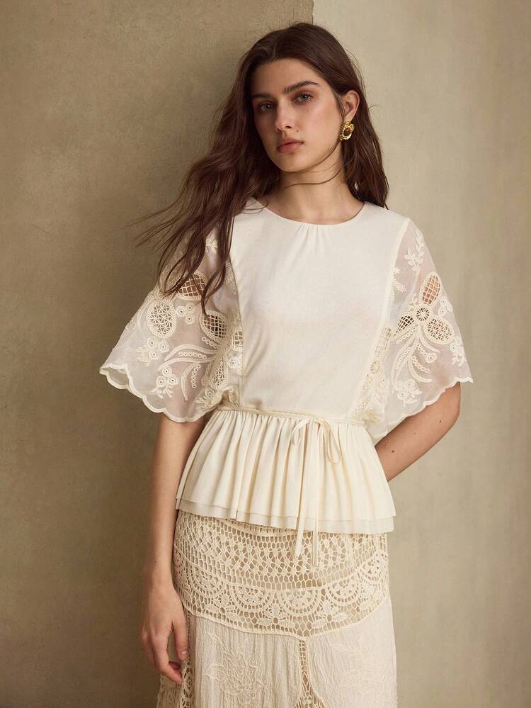 FASHIONABLE EXQUISITE DESIGN EMBROIDERED LACE BATWING SLEEVE ROUND NECK SHORT SLEEVE WOMEN TOP T-SHIRT