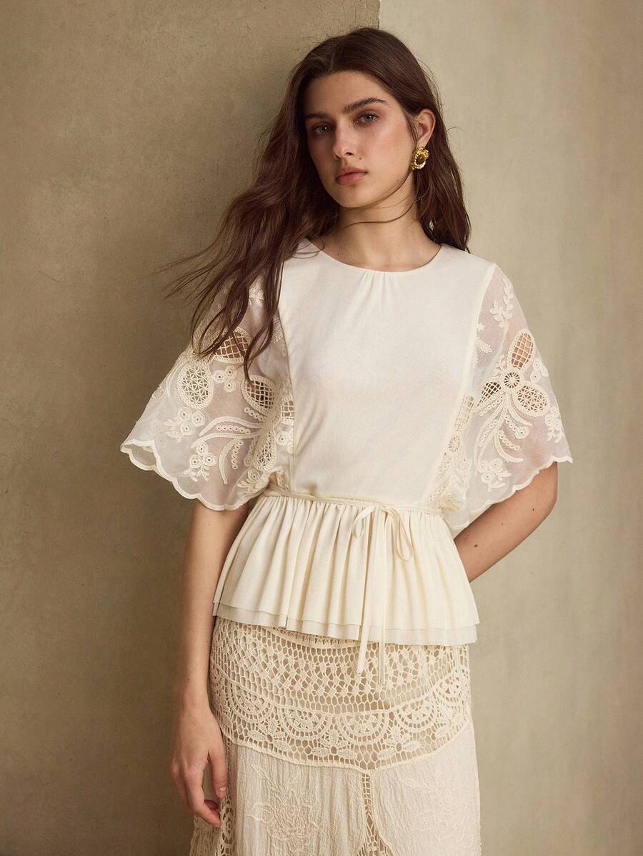 MOTF PREMIUM FASHIONABLE EXQUISITE DESIGN EMBROIDERED LACE BATWING SLEEVE ROUND NECK SHORT SLEEVE WOMEN TOP T-SHIRT - Apricot - View 1