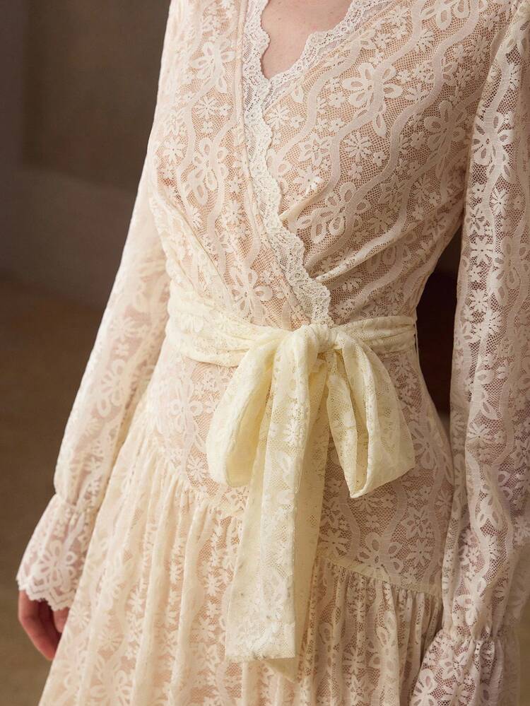 LACE OVERLAY SURPLICE NECK FLARE SLEEVE BELTED LONG DRESS