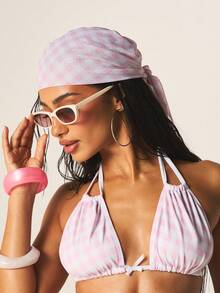 MISSGUIDED Conjunto de pareo y pañuelo a juego de mujer con estampado de cuadros rosa y blanco, para cubrir el traje de baño en vacaciones y resorts - Rosa - Ver 5