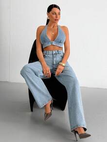 SHEIN Top & Jean Two Pieces Denim Set - Light Wash - View 4