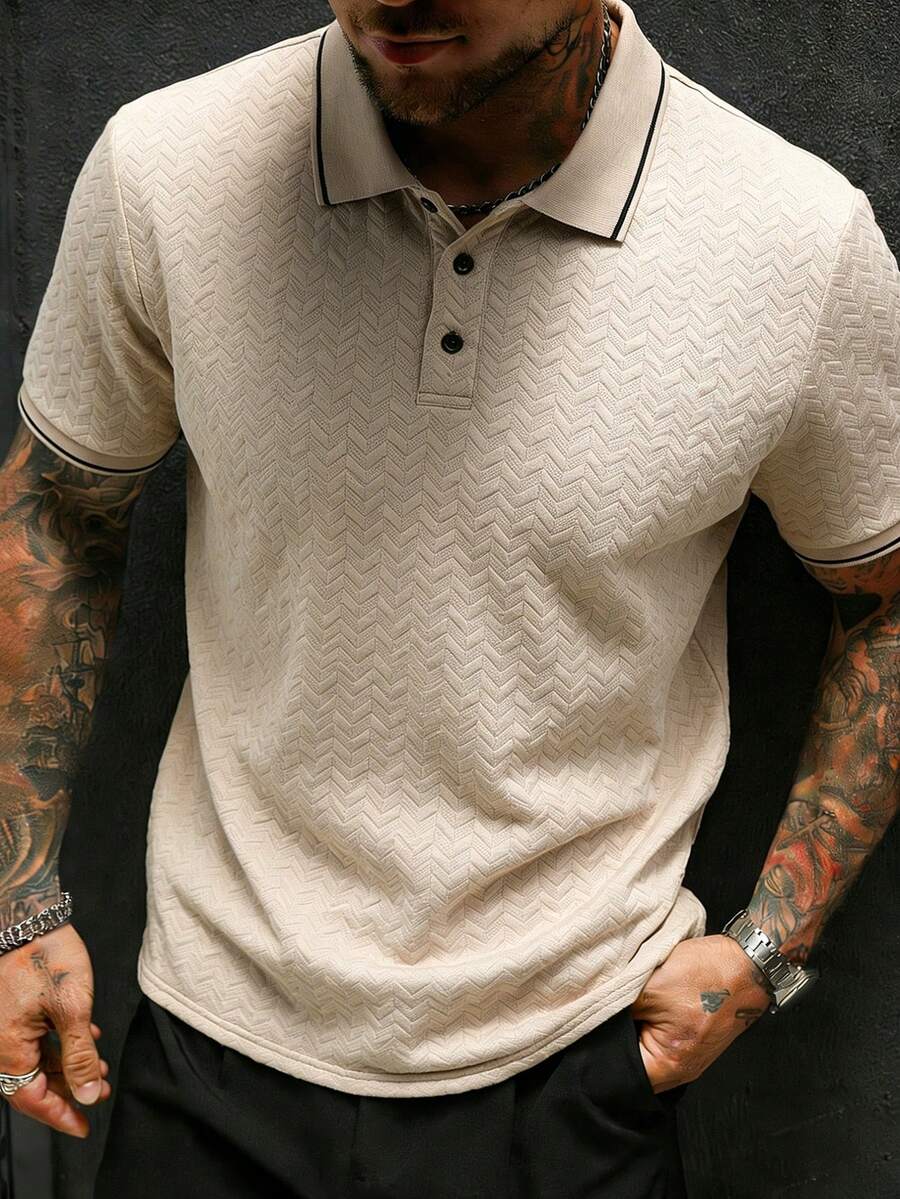 EGENSIO Men's Textured Apricot Solid Ribbed Collar Polo Shirt - Apricot - View 1