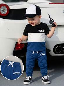 SHEIN Playful Pals 两件套幼儿男童休闲撞色字母印花短袖圆领T恤和松紧腰裤，适合儿童日常休闲穿着，男童套装，秋季款，适合3岁男童，婴幼儿男童服装，秋季款 - 彩色 - 查看 8
