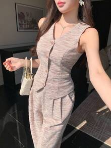 DAZY Women's Elegant Textured Faux Pocket V-Neck Vest And Wide Leg Pants 2-Piece Set, Spring/Summer - Pink - View 4