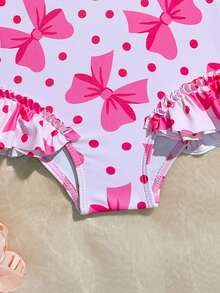 SHEIN Baby Girls' Swimsuit, Cute Pink Bow Print, Shoulder Ruffle Design One-Piece Swimwear, Suitable For Summer Vacation, Swimming, Beach, Pool Party - Multicolor - View 8