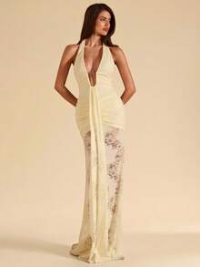 SHEIN BAE Solid Yellow Sexy Deep V-Neck Textured Bodycon Dress, Elegant Beach Vacation Dress, Spring/Summer Mesh Maxi Dress See Through Dress Transparent Dress Sexy Long Dress - Light Yellow - View 6