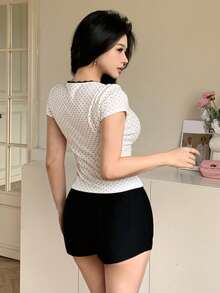 DAZY Women's Polka Dot Lace Ruffle Fitted Casual Daily Short Sleeve T-Shirt - White - View 2