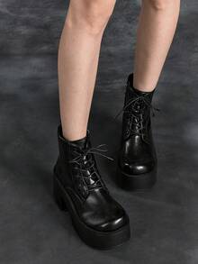 Sugerpunk Women Heeled Sandals~ 2026 New Fashion Autumn And Winter Punk Style Dark PU Round Toe Lace-Up Inner Heightening Boots Thick Sole High Heel Small Ankle Boots Versatile And Thin Riding Boots - Black - View 7