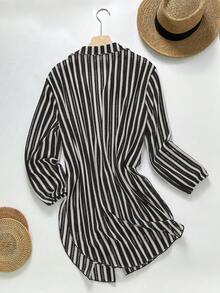 Swim SXY 女士春夏蓝白条纹提花面料开襟罩衫衬衫领和服 - 黑與白 - 查看 5