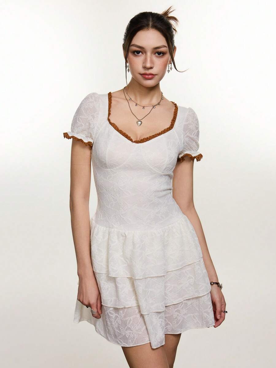 Rina Fox 2026 Women's Sweetheart Neck Short Petal Sleeve Ruffle Hem Lace Waist Fit Dress - White - View 1