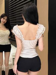 Joudiya 春夏时尚白色波点印花荷叶边单肩露脐修身短款上衣，休闲沙滩度假风女款T恤 - 白色 - 查看 4