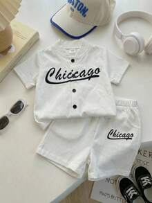 SHEIN Playful Pals 3件套夏季男童时尚英文印花套装 - 短袖衬衫+短袖T恤+短裤休闲套装，男童休闲套装 - 白色 - 查看 9